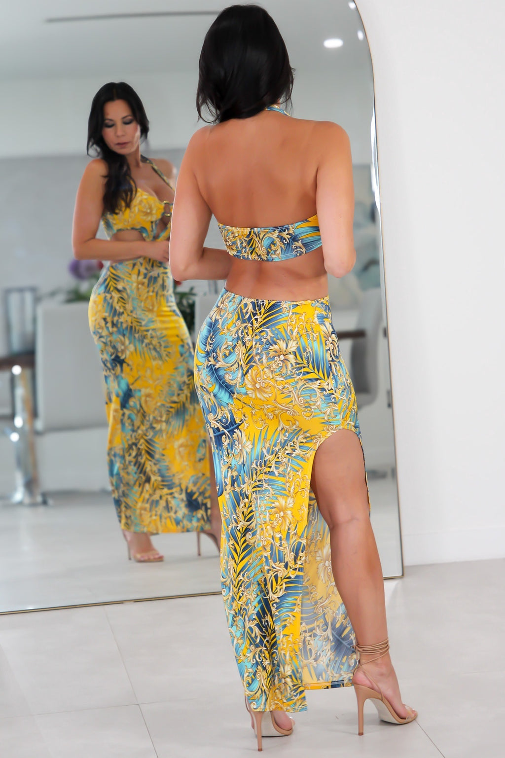 12591 Double Ring Cut Out Slit Maxi Dress,