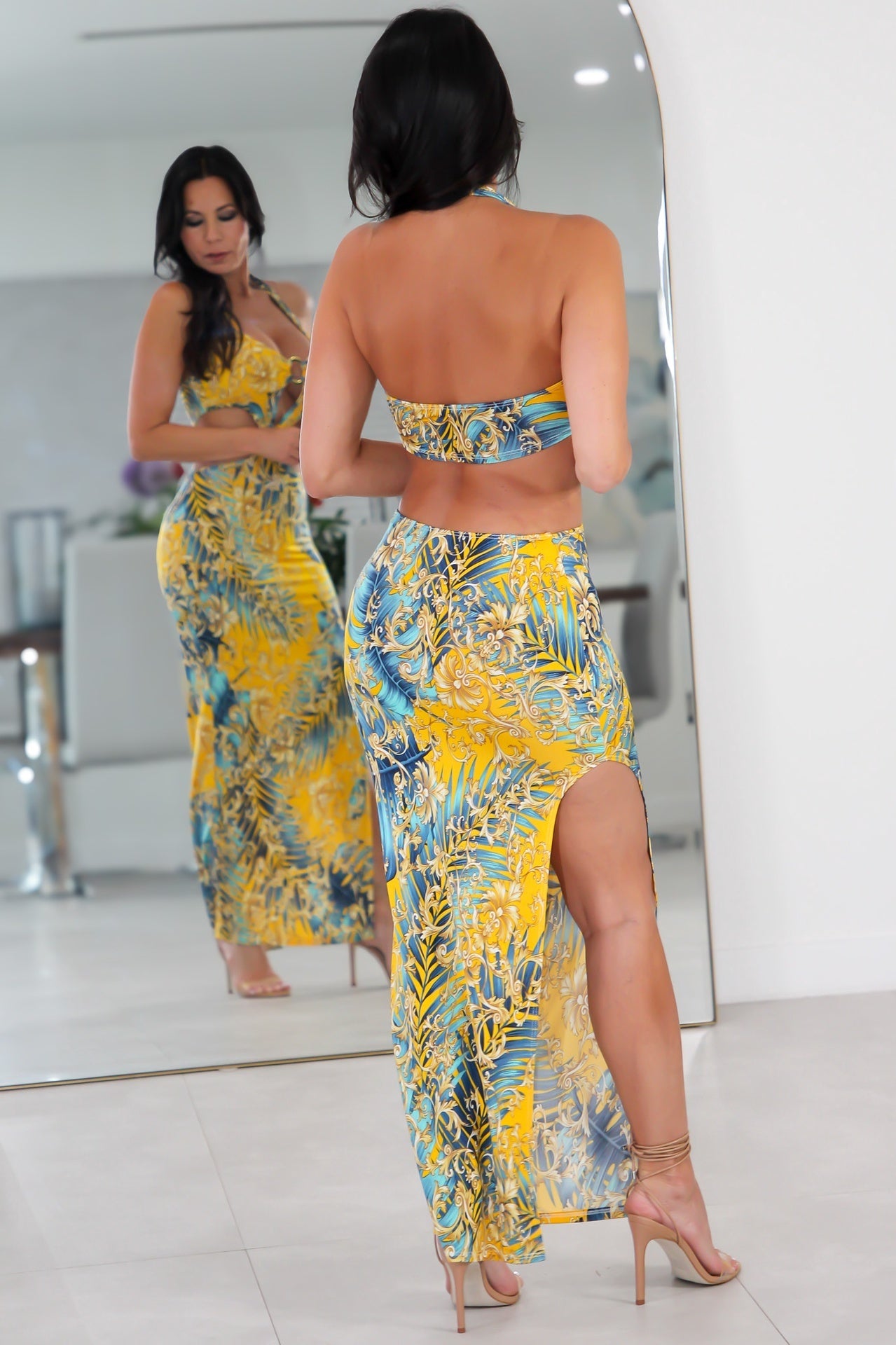12591 Double Ring Cut Out Slit Maxi Dress,