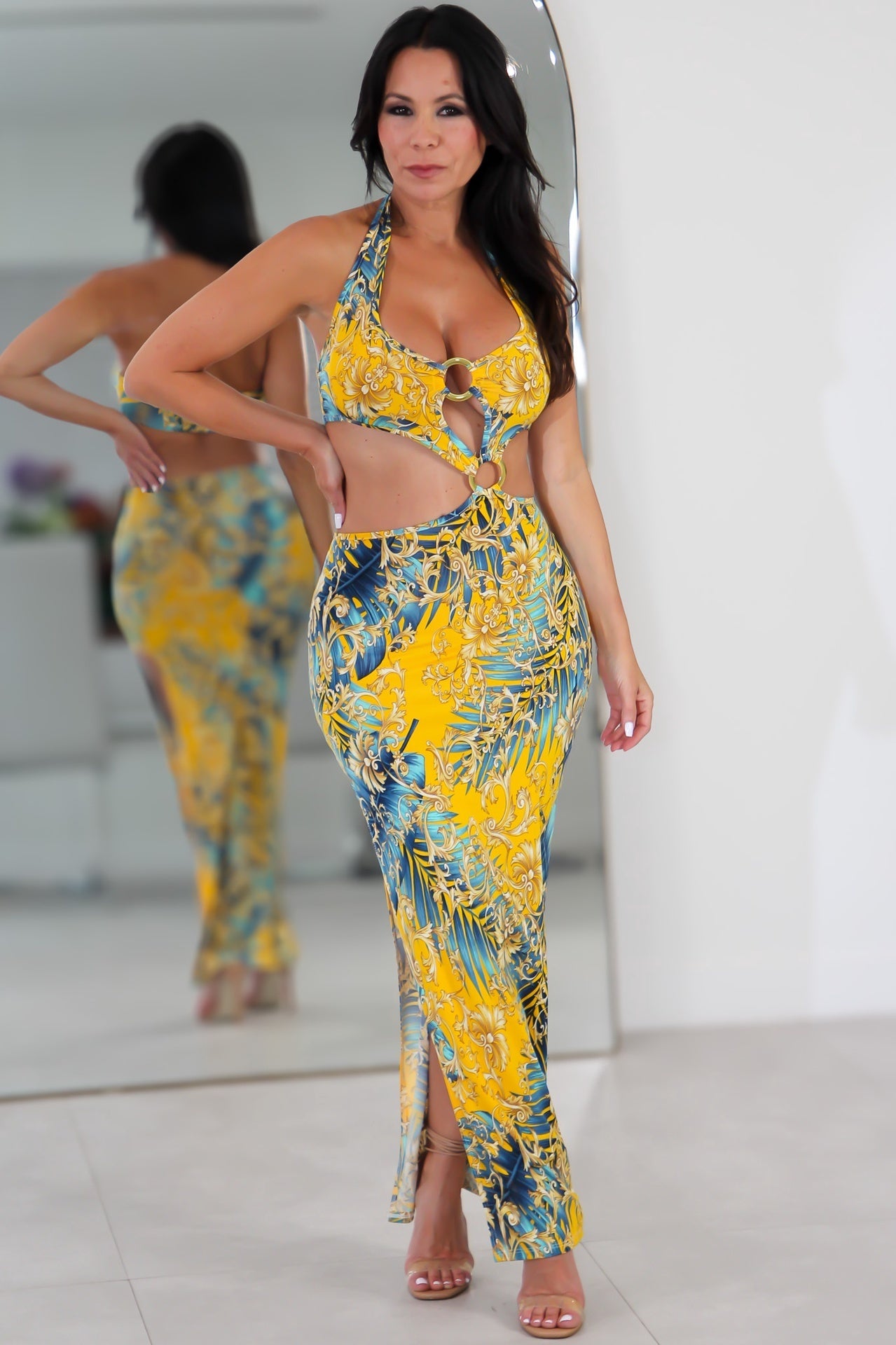 12591 Double Ring Cut Out Slit Maxi Dress,