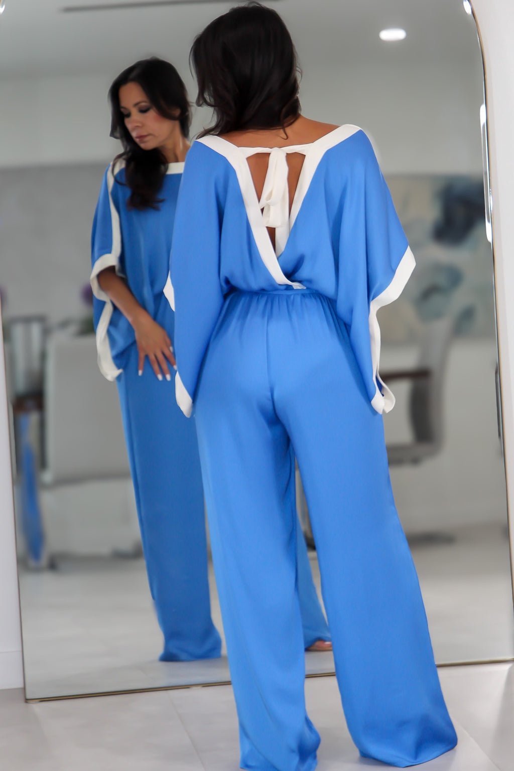 8553 Poly Silk Contrast Band Jumpsuit