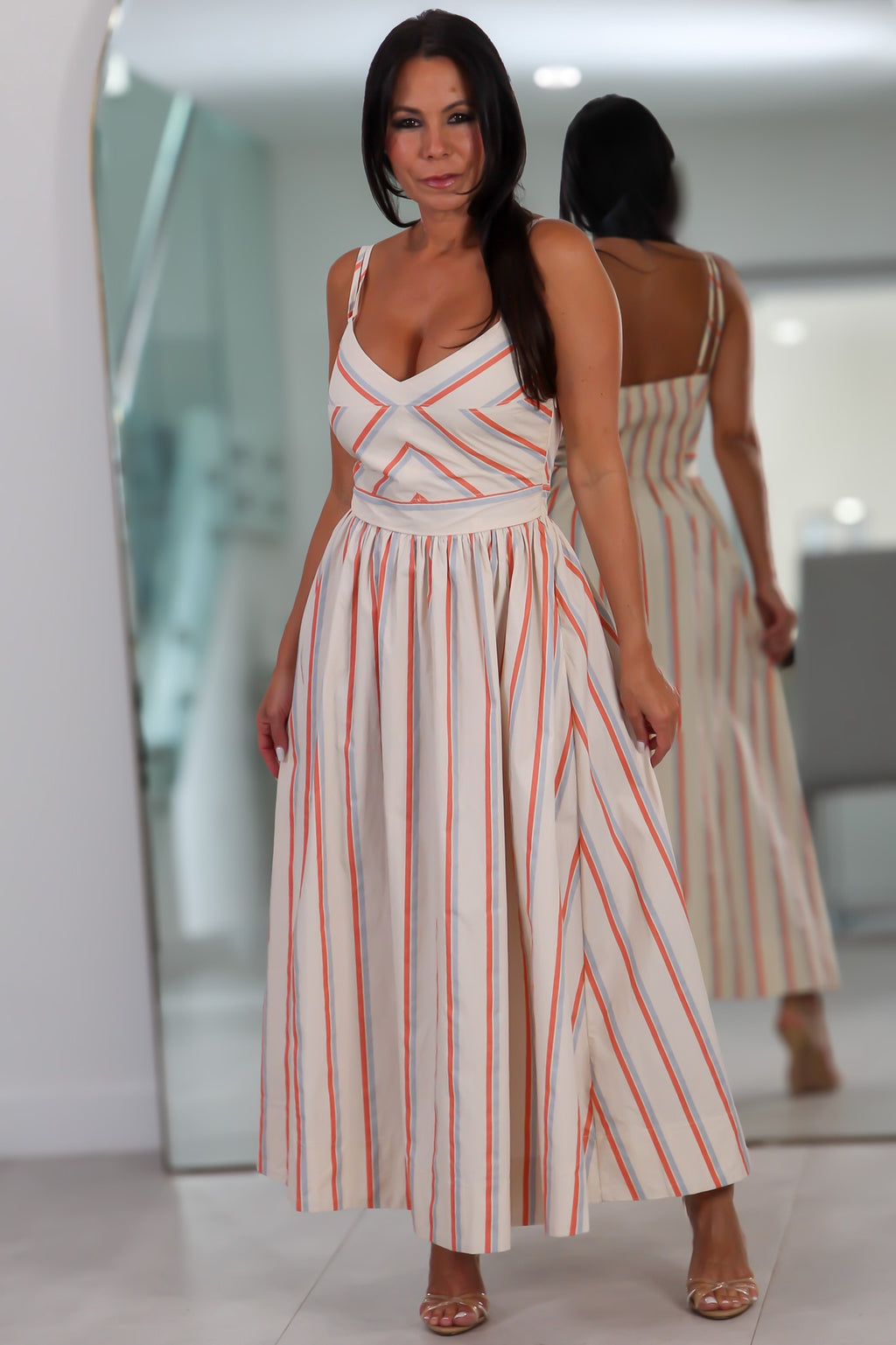 10298 Coral Stripe Midi Dress