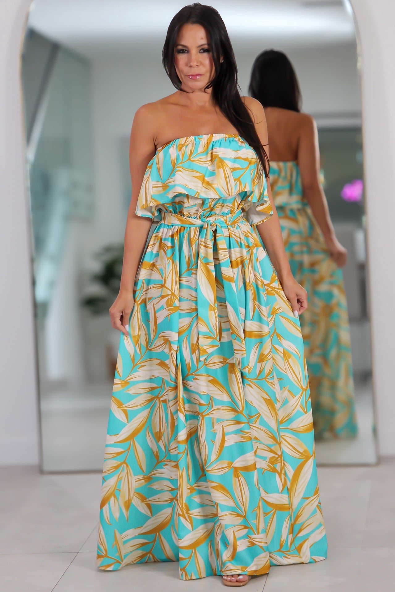 21459 Turquoise Dream Strapless Midi Dress