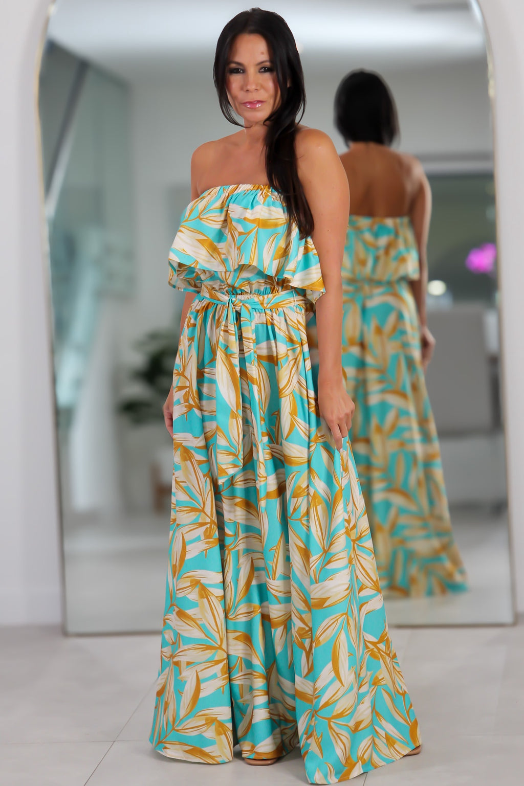 21459 Turquoise Dream Strapless Midi Dress