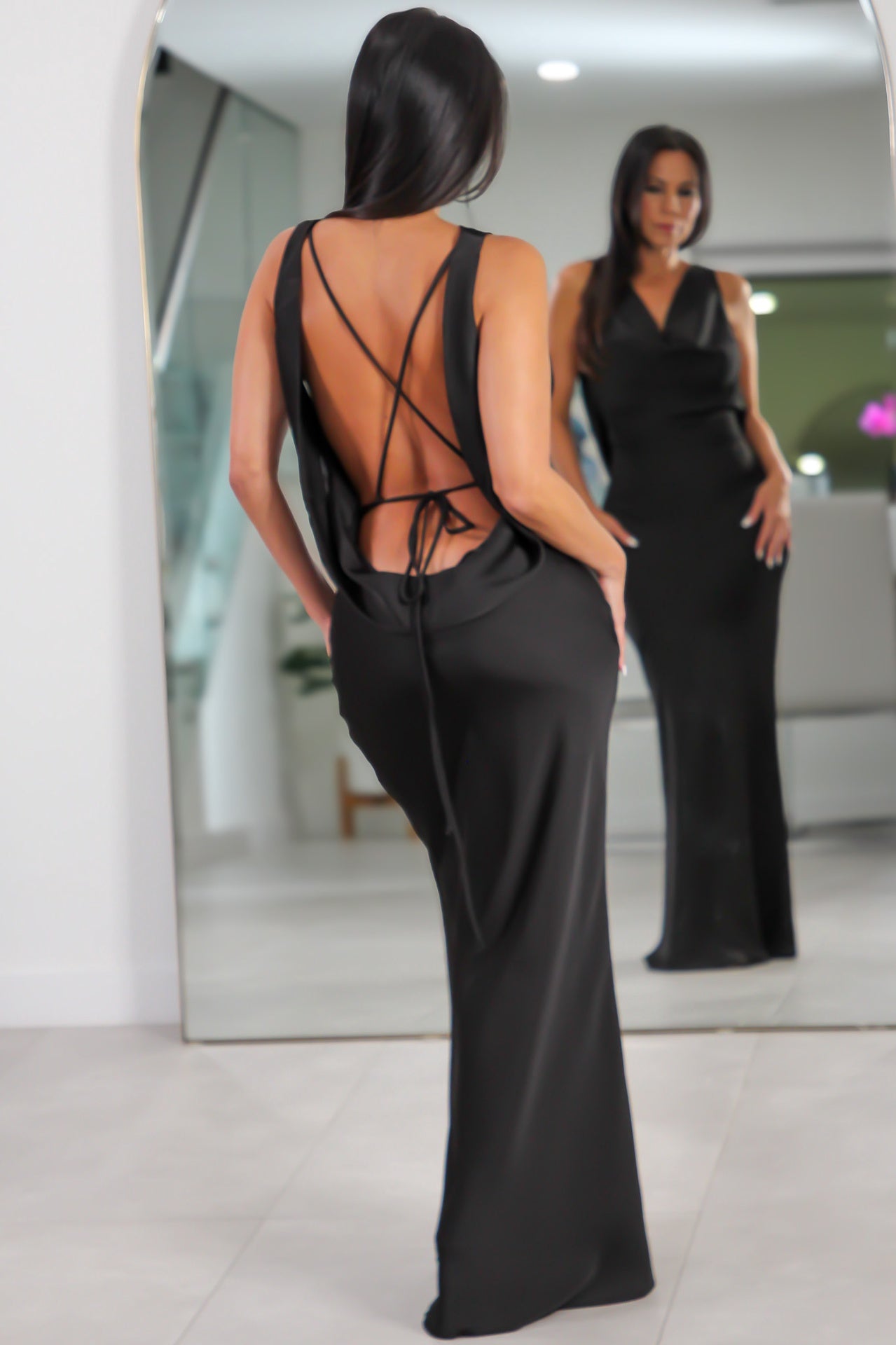 10464 Satin Cowl Bias Dress