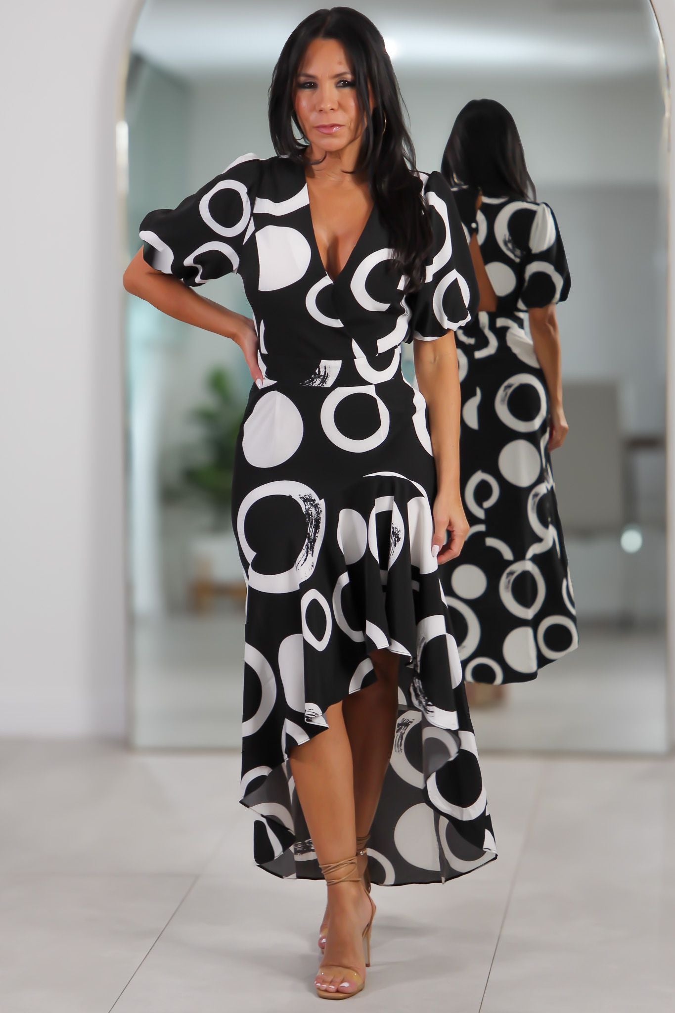 32408 Black & White Geometric High-Low Dress
