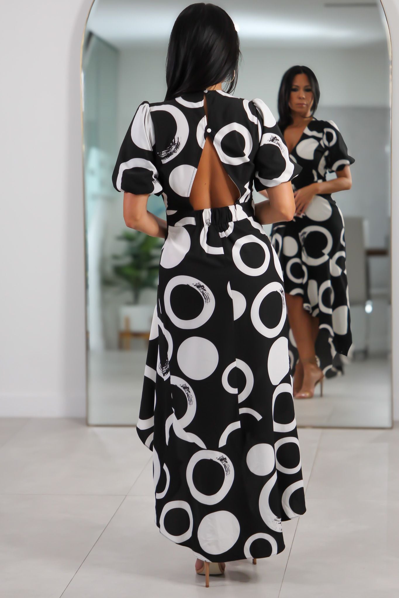 32408 Black & White Geometric High-Low Dress