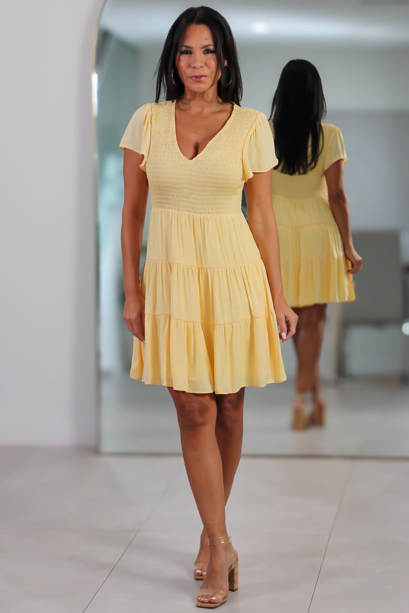 115670 Short Sleeve Smocked Tiered Mini Dress