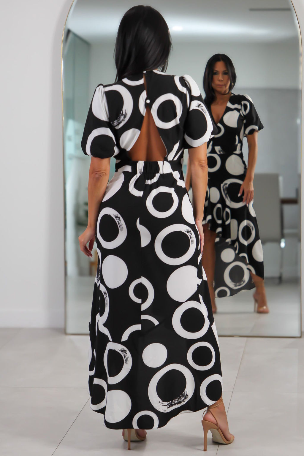 32408 Black & White Geometric High-Low Dress