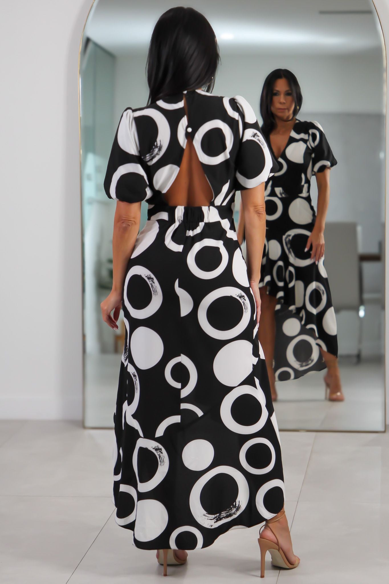 32408 Black & White Geometric High-Low Dress