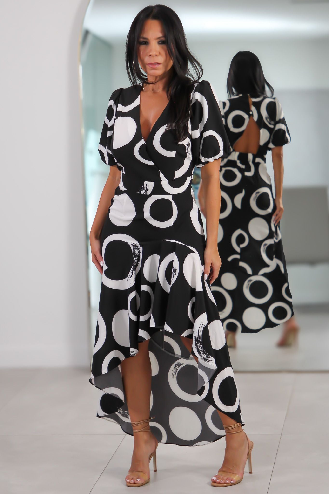 32408 Black & White Geometric High-Low Dress