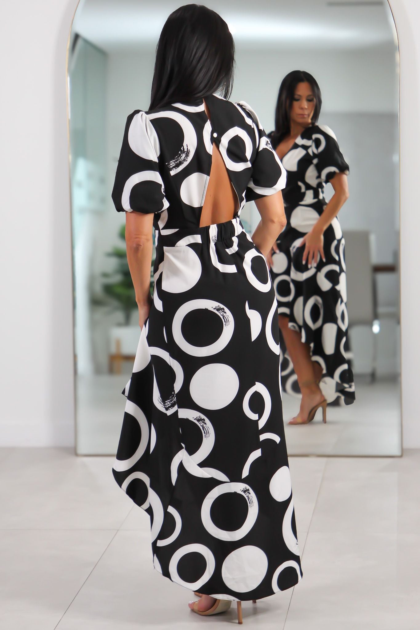 32408 Black & White Geometric High-Low Dress