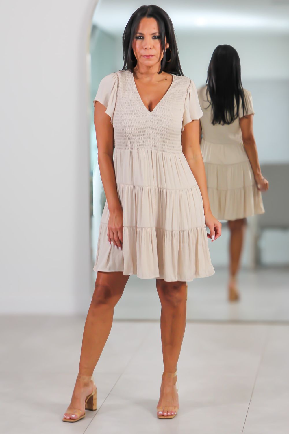 115670 Short Sleeve Smocked Tiered Mini Dress