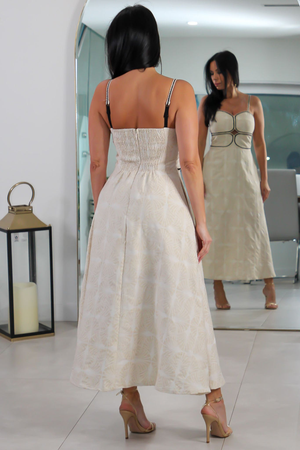 10732 Contrast Braid Trim Jacquard Midi Dress