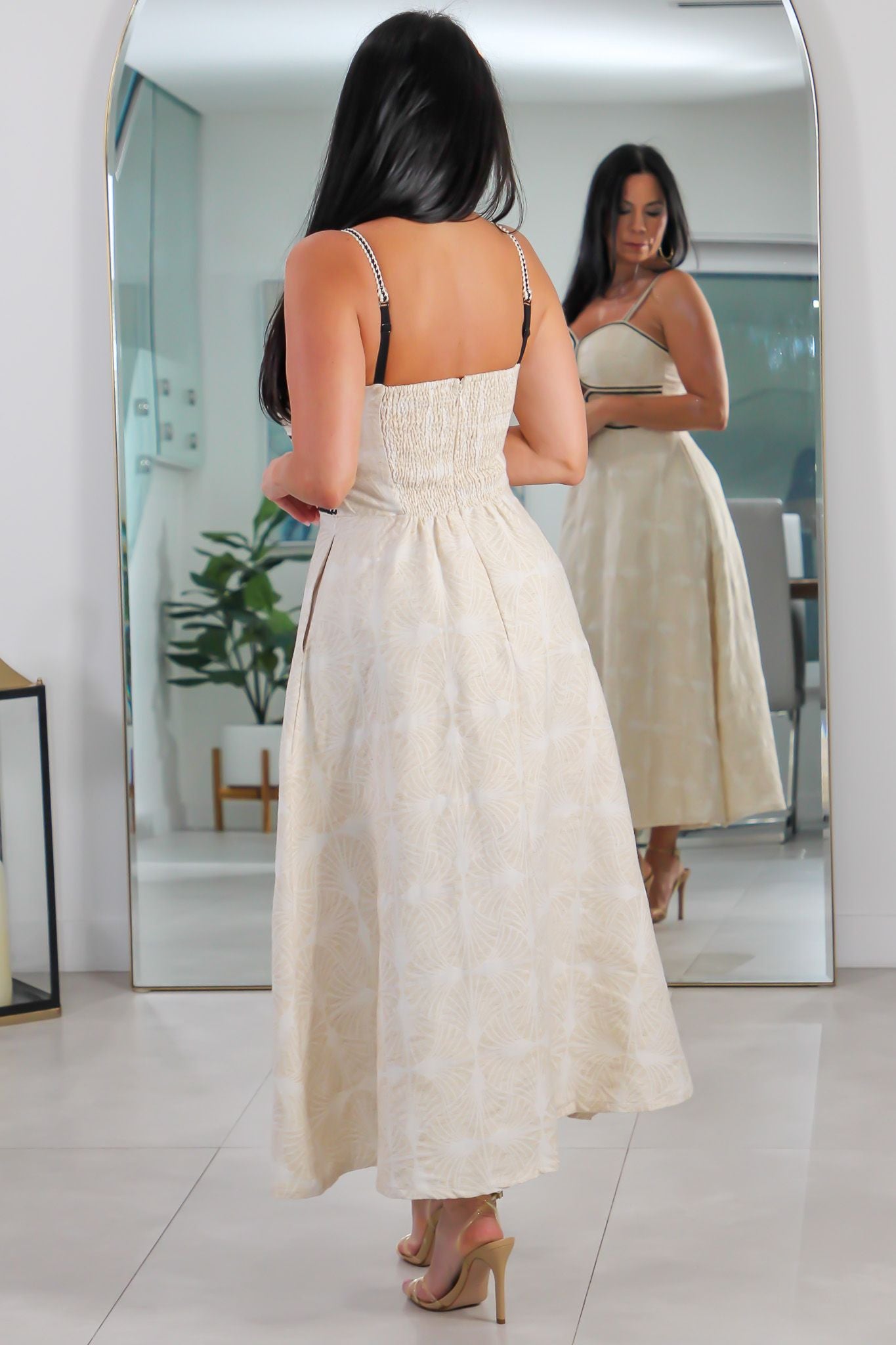 10732 Contrast Braid Trim Jacquard Midi Dress