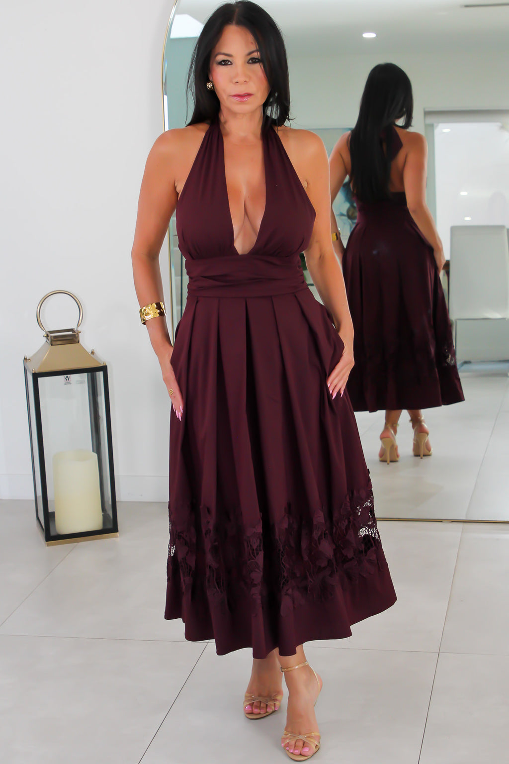 1039 Halter Wrap Lace-Trim Midi Dress