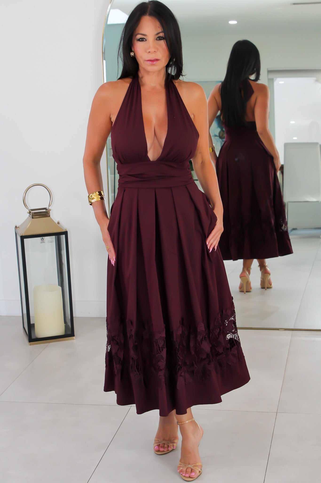 1039 Halter Wrap Lace-Trim Midi Dress