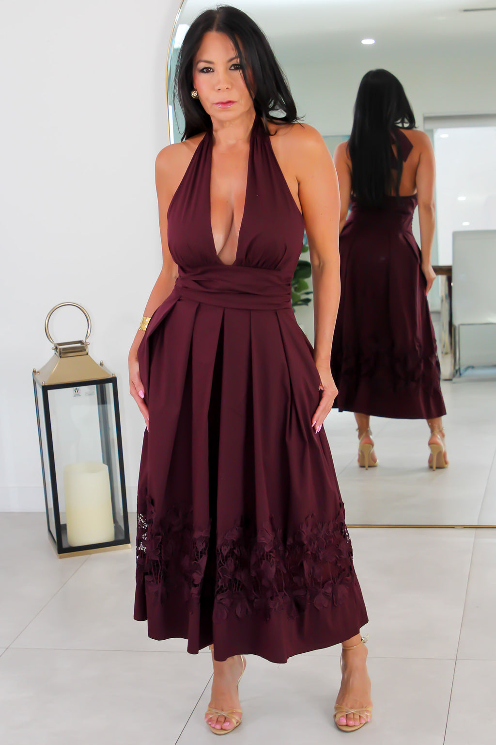 1039 Halter Wrap Lace-Trim Midi Dress