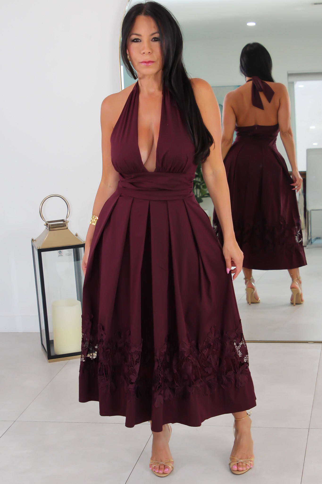 1039 Halter Wrap Lace-Trim Midi Dress