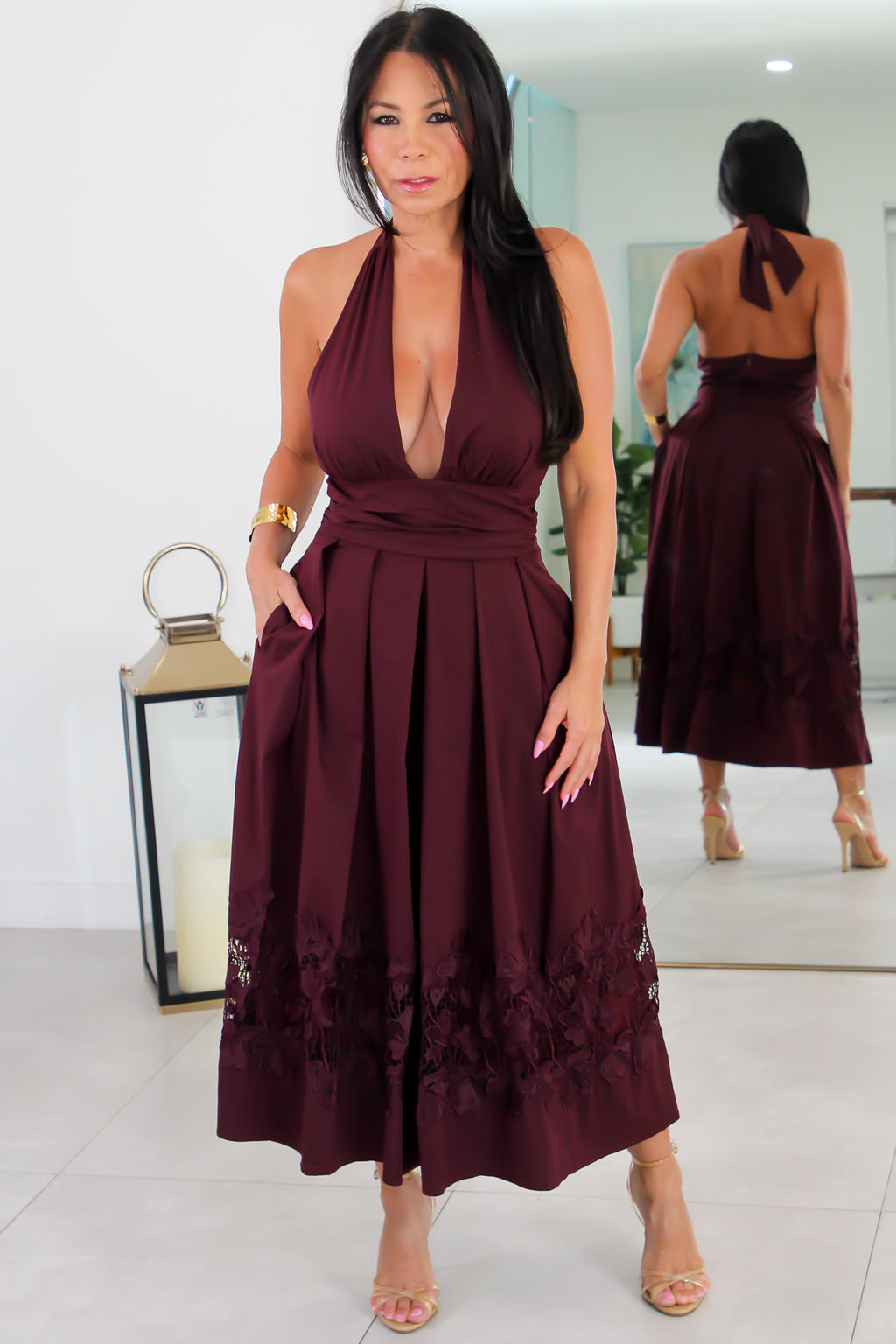 1039 Halter Wrap Lace-Trim Midi Dress