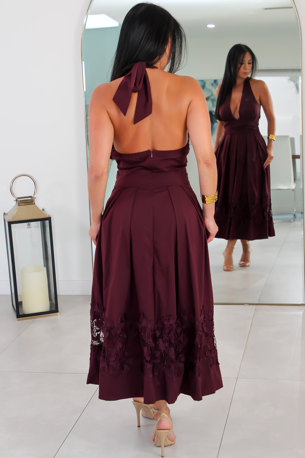 1039 Halter Wrap Lace-Trim Midi Dress