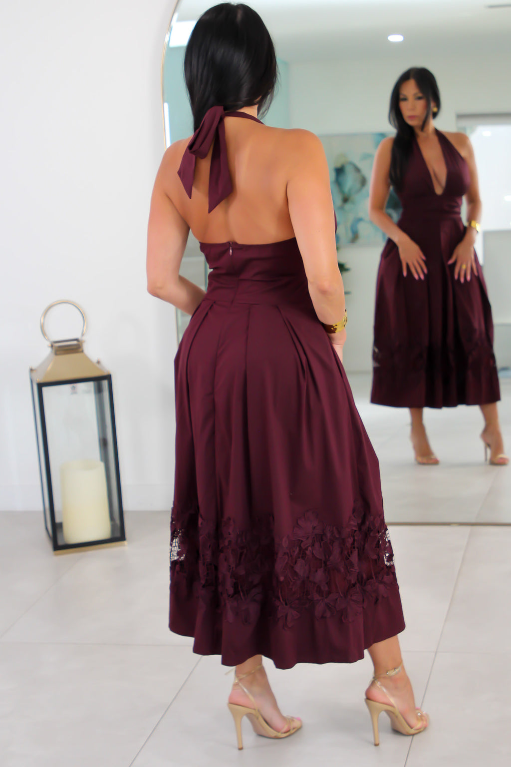 1039 Halter Wrap Lace-Trim Midi Dress
